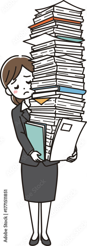 Create a kind of deferent Simple vector illustration of a businesswoman holding a large amount of documents vector art with white background..