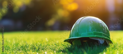 Green hard hat resting on grassy field symbolizing environmental safety
