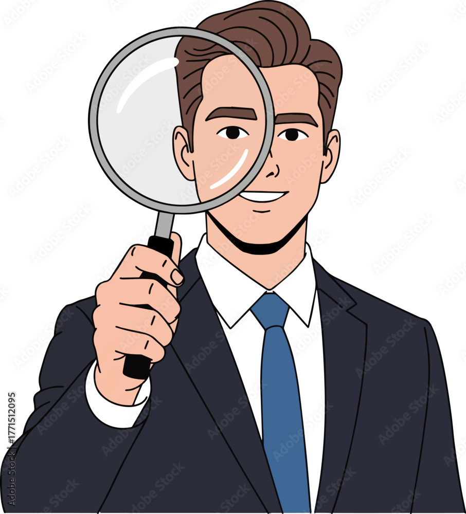 Create a kind of deferent simple vector illustration of a young man in a suit smiling and looking through a magnifying glass vector art with white background..