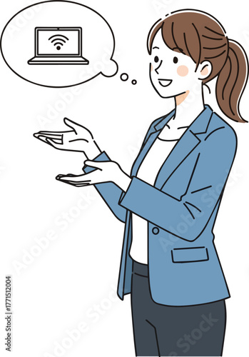 Create a kind of deferent Simple vector illustration of a young businesswoman giving an online explanation vector art with white background..