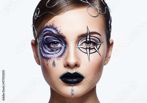 Creative face art featuring galaxy and geometric designs with glitter and black lipstick on a woman’s face.