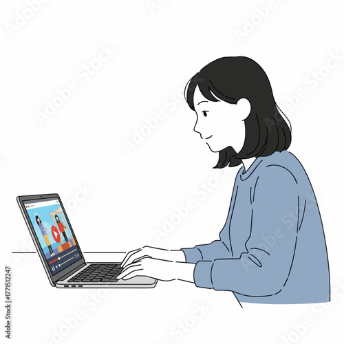 Create a kind of deferent Simple vector illustration of a young woman watching a video on a computer vector art with white background..