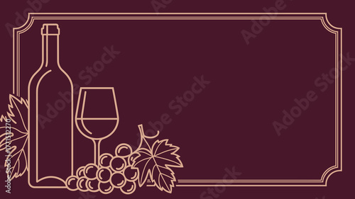 Wine bottle, glass, and grapes in gold line art on burgundy background