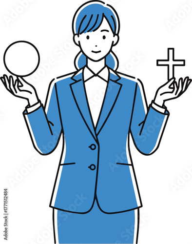 Create a kind of deferent simple vector illustration set of a young woman in a suit holding a circle and a cross vector art with white background.