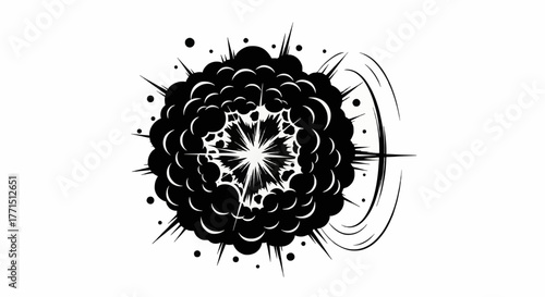 Bomb blast explosion silhouette, circular burst cloud with dust and shockwave.