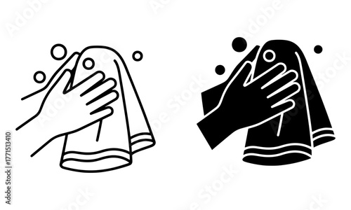 Hand Drying with Towel after washing Icons Vector.