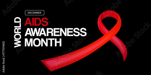 World AIDS awareness month banner with red ribbon. World HIV awareness month starts in December. Red ribbon with text isolated on grey background. World AIDS Day December 1st
