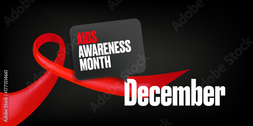 World AIDS awareness month banner with red ribbon. World HIV awareness month starts in December. Red ribbon with text isolated on grey background. World AIDS Day December 1st