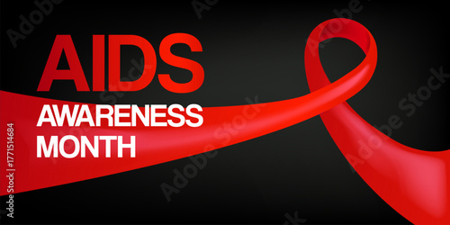 World AIDS awareness month banner with red ribbon. World HIV awareness month starts in December. Red ribbon with text isolated on grey background. World AIDS Day December 1st
