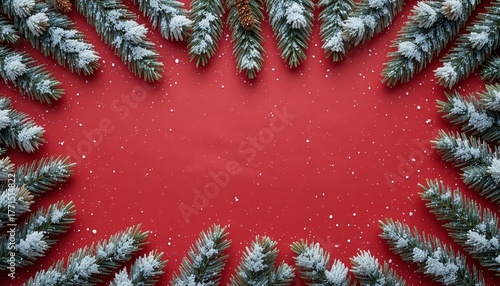 Snowy evergreen branches framing a red blank center for a holiday message.