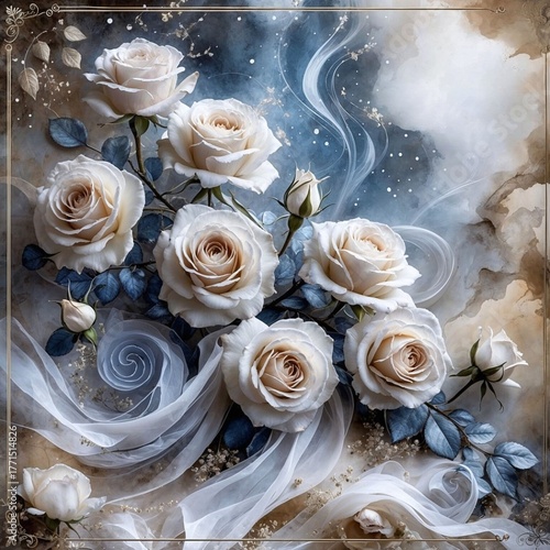 Fototapeta Naklejka Na Ścianę i Meble -  Elegant White Roses Floral Art with Blue Atmosphere