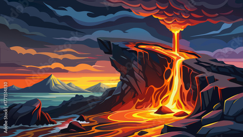 Very beautiful close-up view of glowing lava flowing from a rugged rock column into a volcanic landscape at Kalapana Beach, Big Island, Hawaii, during sunset near the erupting Kilauea volcano.