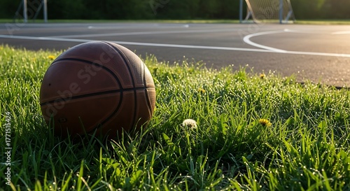 Basketball resting on grass near a basketball court during daytime.