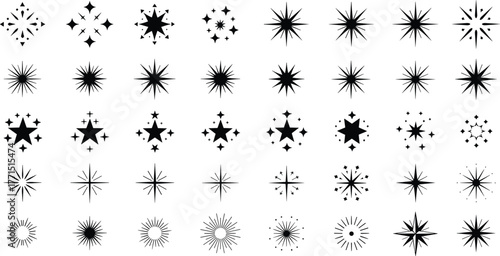 Starburst shapes collection, sparkle and twinkle icons, shining light elements, celestial design symbols, abstract vector illustration, decorative star patterns, isolated black graphics