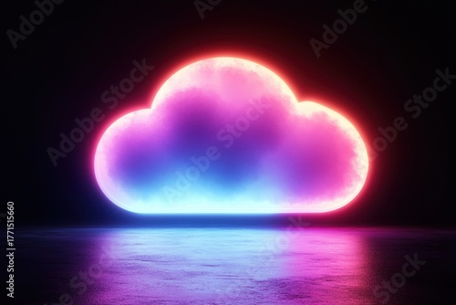 A glowing neon cloud shape in vibrant pink and blue hues reflected on a dark wet surface