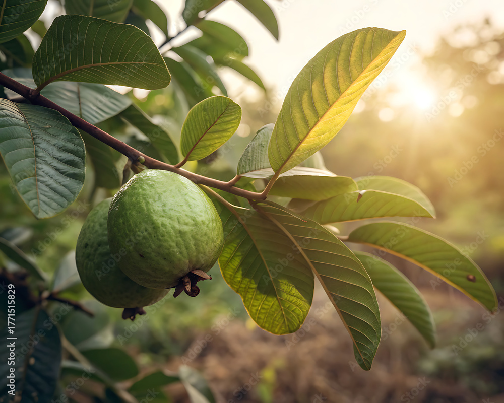 Fototapeta premium Realistic macro photo of guava fruit among green leaves