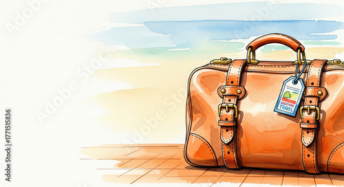 A warm-toned watercolor illustration of a classic leather travel duffel bag with buckles and a 'Travel' tag on a subtle background. Ideal for travel blogs, tourism, vintage luggage, and banner art.