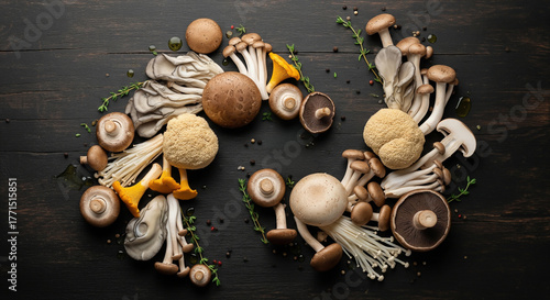 An overhead flat lay of various gourmet mushrooms (oyster, shiitake, enoki, lion's mane) arranged in a semi-circle on a dark wood surface. Perfect for food blogs, cooking, and health/wellness.