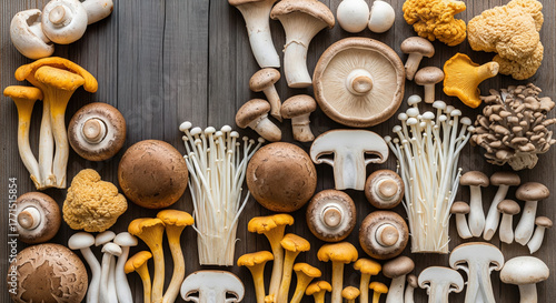 A beautiful overhead flat lay arrangement of various types of gourmet mushrooms on a wooden background, including shiitake, oyster, enoki, and chanterelles. Ideal for food blogs, cooking, vegan diets.