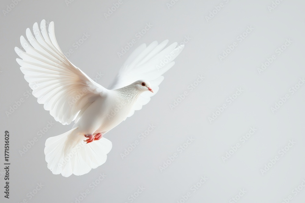 Fototapeta premium A single white dove with wings spread captured mid flight against a subtle grey background