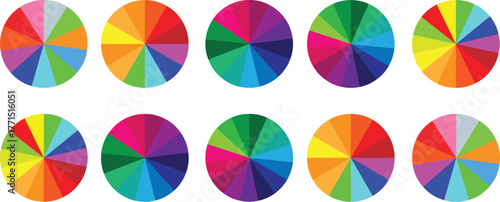 Pie chart color icons. Segment slice sign. Circle section graph.11,12,13,14,15,15,14,13,12,11 segment infographic. Pie chart set. Wheel round diagram part symbol. Three phase, six circular cycle.
