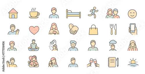 Daily routine and lifestyle pastel line art icon set