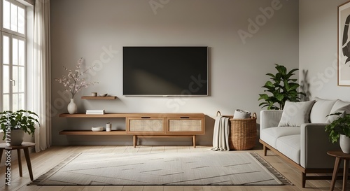 A serene, Japandi-inspired living room where a wall-mounted TV and a dark wood console with a rattan front are accented by a floating shelf and a wicker basket, all bathed in soft morning light.