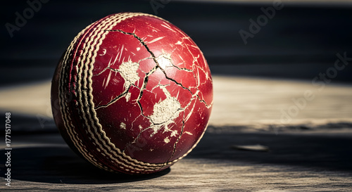 Close up of a worn red cricket ball with visible stitching