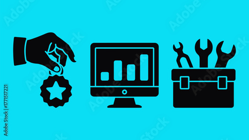 Business tools and data representation in a conceptual flat design