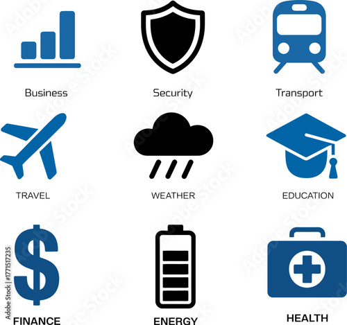 Collection of essential icons representing various aspects of modern life