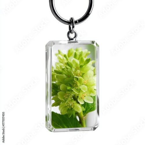 Green Flower Blossom in Clear Acrylic Keychain Pendant Souvenir