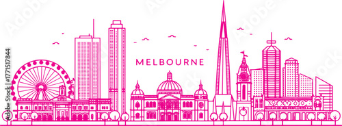 Melbourne Skyline Sketch with Cultural Landmarks — Hand-Drawn Cityscape Art for Tourism, Travel Poster and Souvenir Design
