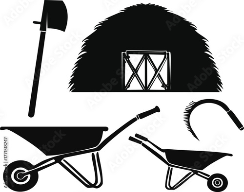 Farm harvest tool silhouette set with sickle, basket, wheelbarrow, and haystack