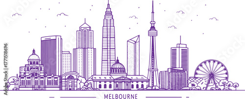 Melbourne Skyline Sketch with Cultural Landmarks — Hand-Drawn Cityscape Art for Tourism, Travel Poster and Souvenir Design