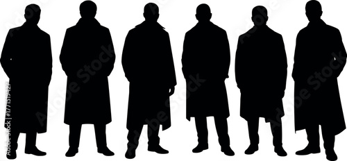 Group of Silhouetted Men Wearing Coats Standing in a Row Isolated