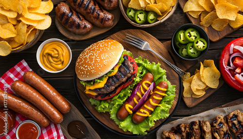 Wallpaper Mural Summer BBQ food table scene with hot dog and hamburger buffet. Top view over a dark wood background Torontodigital.ca