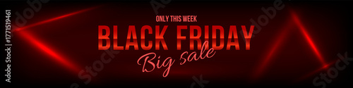Black Friday banner with diagonal red neon light beams on dark background. Futuristic luminous design for online sale, discounts, ad, ecommerce