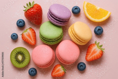 French macarons with mixed fruits and sugar powder on pastel background