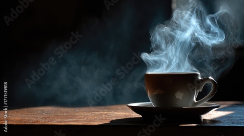 Steaming Cup on Wooden Table with Dramatic Lighting