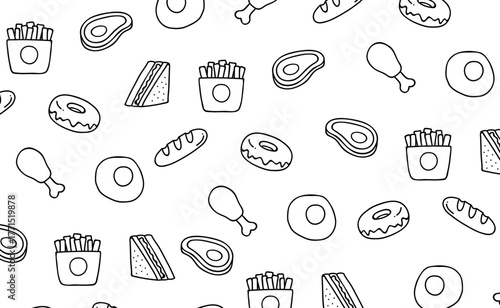 Breakfast elements doodle set and food hand-drawn vector illustration. Black line style. Isolated on white background.
