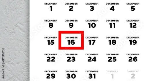 The date December 16th marked with a red cursor on the wall calendar 2025