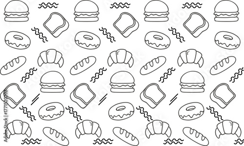 Breakfast elements doodle set and food hand-drawn vector illustration. Black line style. Isolated on white background.