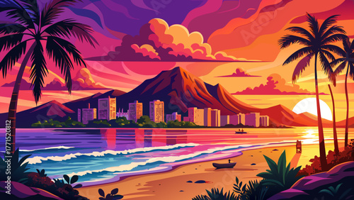 Very beautiful vibrant sunset over Waikiki Beach in Honolulu, Hawaii, showcasing Diamond Head volcano, palm trees, and calm ocean waves, creating a dreamy tropical paradise perfect for travel and 