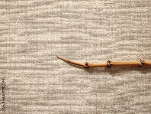 Natural Bamboo Stick on Textured Beige Fabric Background Minimalist Composition Neutral Tones Organic Material Rustic Decor Serene Surface Element Asian Inspired Design Horizontal