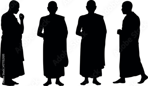 Monk Silhouettes Standing Meditating Peaceful Spiritual Tranquility Religious Order Harmony