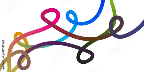 An abstract, clean, white background adorned with multiple intertwined, flowing, and looping lines, each exhibiting a distinct smooth color gradient including shades of blue, pink, yellow, purple, bro