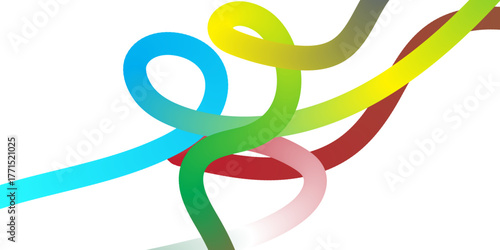 An abstract, clean image featuring several intertwined and flowing smooth lines, each with a vibrant color gradient (blue to green, yellow to green, dark red to pink, grey to green) against a pure whi