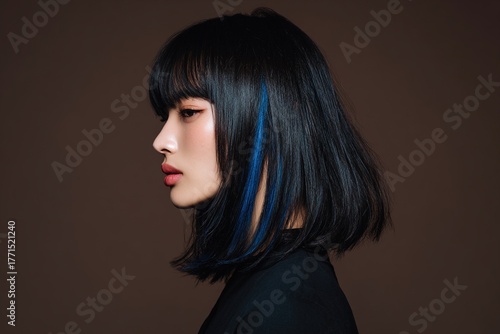 Side profile portrait of woman with straight black hair and blue highlights on dark brown background