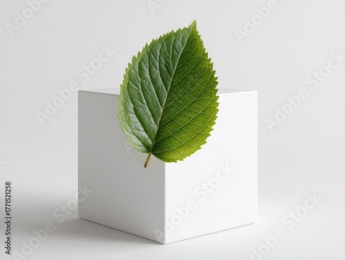 Fresh Serrated Green Leaf Balanced on Clean White Cube Minimalist Nature Display Botanical Elegance on Geometric Pedestal