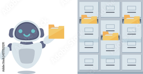 Robot holding file folder next to office cabinet illustration